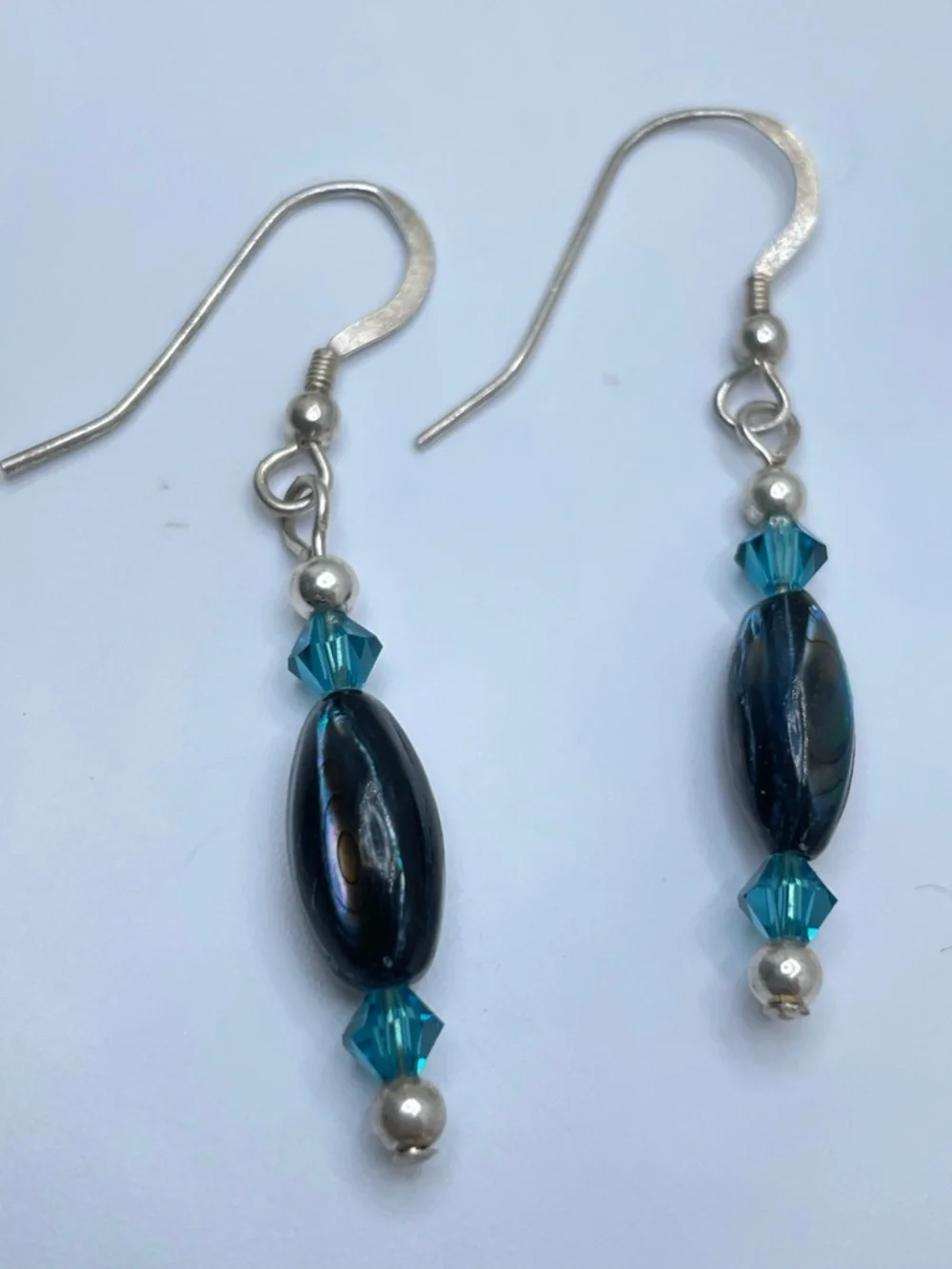 925 Sterling Silver Abalone Shell Teal Crystal Dangle Earrings Elegant